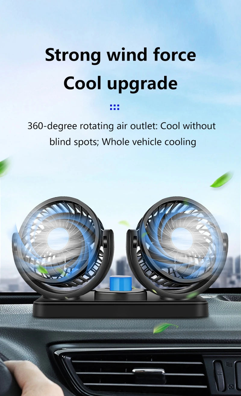 Car Fan 360° Adjustable 2 Head Air Fan Automotive Electric Fan USB/12V/24V 2 Speeds Car Silent Fan For Home Desk