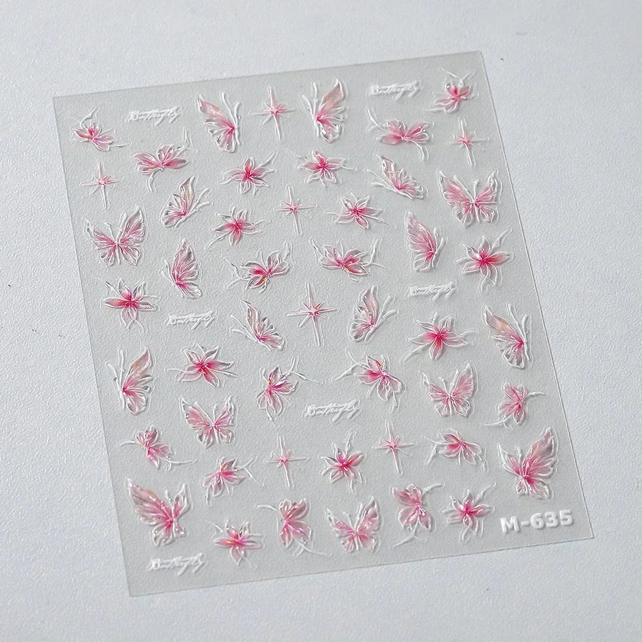 Shiny Jelly Butterfly Charming Golden Gradient Bowknot 5D Self Adhesive Nail Art Sticker Flower Petal Rhinestone Manicure Decals