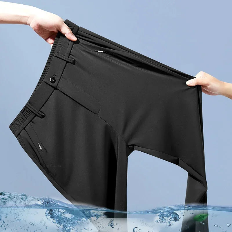 Ultra-thin Elastic Men's Casual Trousers Summer Quick-drying Ice Silk Slim Straight Business Solid Color Y2K Trousers Black Gray
