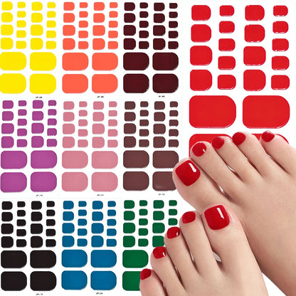 1Sheet=22Tips Glossy Red Toe Nail Stickers Full Cover Solid Color Press On Toenails Patch UV Baking Free Foot Gel Polish Wraps #