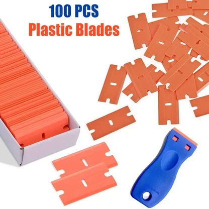100 Pieces Two Cutting Plastic Razor Blade 1pcs Label Clean Razor Glue Remover Window Glass Clean Scraper Car Wrap Sticker Squee
