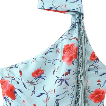 2026 Women Satin Floral Print Halter Neck Dress Fringe Trim Asymmetrical Hem Party Maxi Dress for Beach Vacation