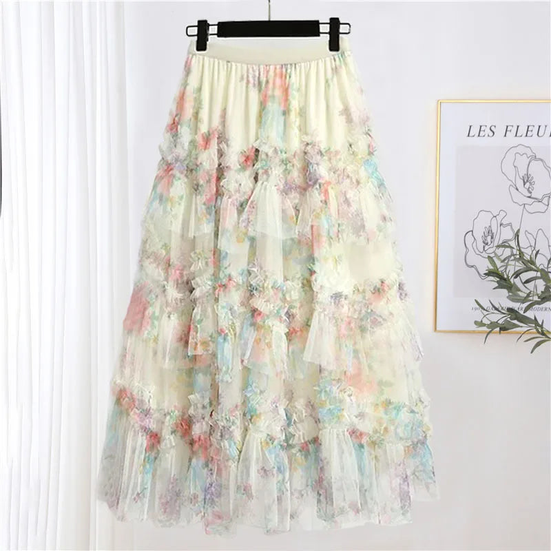 Faldas Y2k Elastic Waist Floral Print Mesh Skirt Women Summer Beach Vacation Style Versatile Stitching A-line Elegant Long Skirt