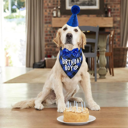 4pcs Dog Birthday Party Supplies, Birthday Boy Dog Bandana, Dog Birthday Hat with Numbers for Medium Large Dogs Pets