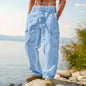 Summer Men'S Cotton And Linen Pants Multiple Pockets Breathable Loose Drawstring Straight Leg Pants Sports And Casual Pants