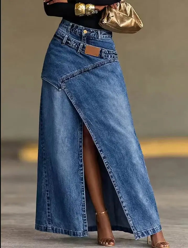 Fashion Distressed Wash Retro Denim Maxi Skirt Women's High Waist Asymmetric Wrap Front Slit Decor Stitching Long Jean Skirt New