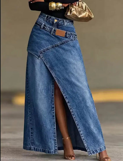 Fashion Distressed Wash Retro Denim Maxi Skirt Women's High Waist Asymmetric Wrap Front Slit Decor Stitching Long Jean Skirt New