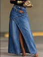 Fashion Distressed Wash Retro Denim Maxi Skirt Women's High Waist Asymmetric Wrap Front Slit Decor Stitching Long Jean Skirt New
