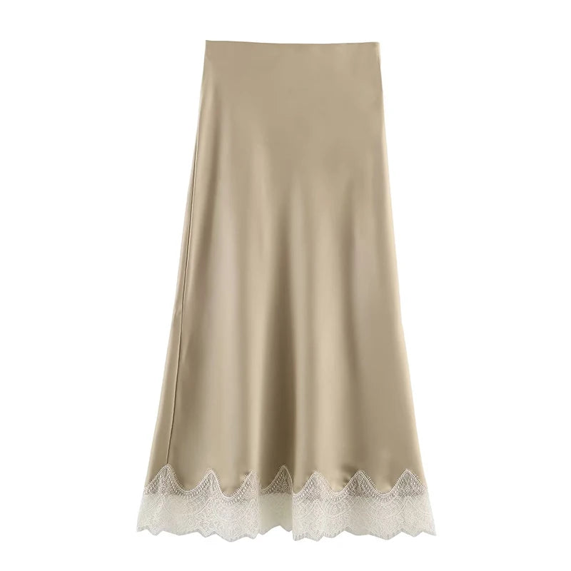 Willshela Women Fashion Solid Lace Side Hem Pleated A-Line Midi Skirt Vintage High Elastic Waist Female Chic Lady Skirts