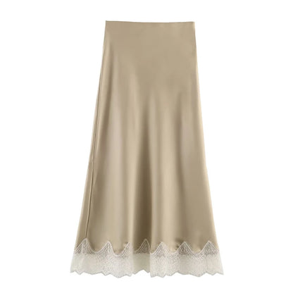 Willshela Women Fashion Solid Lace Side Hem Pleated A-Line Midi Skirt Vintage High Elastic Waist Female Chic Lady Skirts