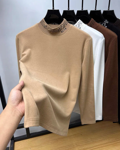 High quality men's semi high neck velvet sweater long sleeved warm T-shirt autumn winter fashionable embroidery casual pullover