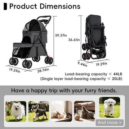 Dual‑Layer Pet Stroller Foldable Travel Dog Cat Cart Breathable Mesh Wagon with Cup Holder Storage Bag for Small Animals