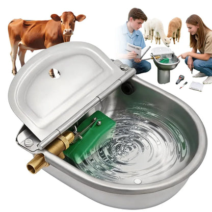 Silver Stainless Steel Automatic Livestock Water Bowl with Brass Float Valve, Durable Water Level Control Drinking Bowl for Horses, Cattle, Sheep, Goats, Alpacas, and Dogs in Farm and Stable Use