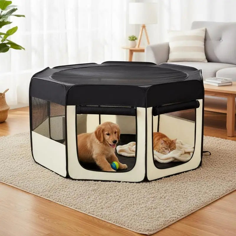 Foldable Enclosed Playpen for Dog Cat Small Animals Octagonal in Oxford Fabric and Steel - Ø 120 X 58H cm - Black and Cream