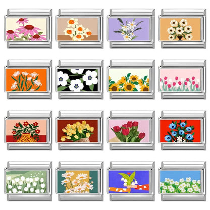 2025 Women's Fashion Colorful Flowers Oil Painting Style Series Italian Charms Fit 9mm Stainless Steel Bracelet DIY Jewelry Gift