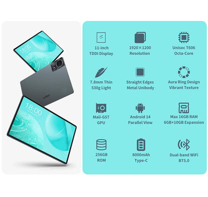 ODEA S11, 11 inches TDDI, 8000mAh, Android 14 Tablet, (6GB+10GB Expansion) 16GB RAM, 256GB ROM, 1920x1200 IPS, UNISOC T606, 8 cores, Mali-G57, 4G LTE, Wifi, GPS, SIM Slots*2+TF*1, Widevine L1 for Netflix