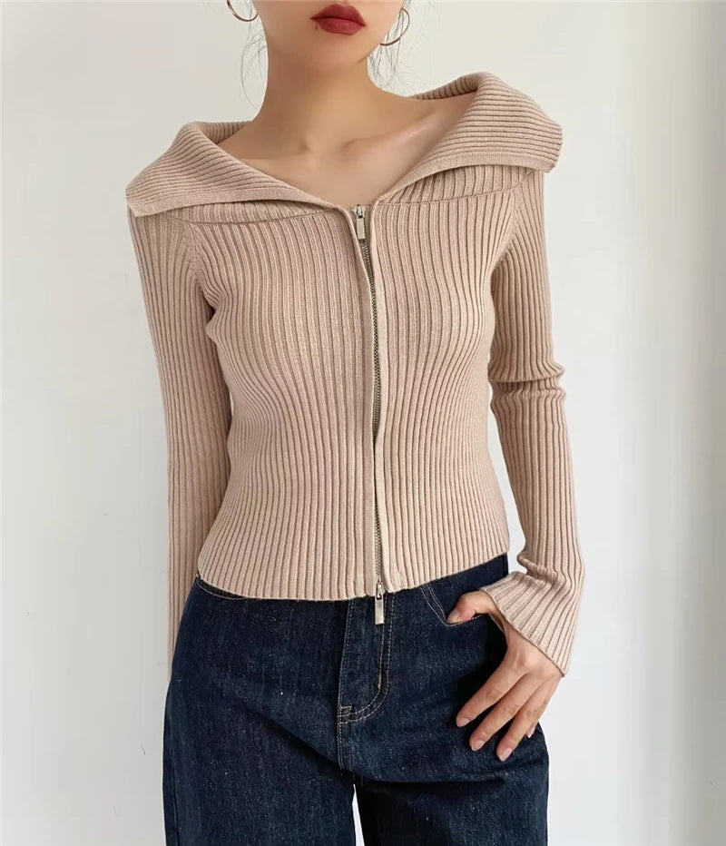 LUNDUNSHIJIA 2026 New Autumn Women Elegant Thickened Zipper Sweaters For Women Rose Red Fashion Short Female Cardigan 4 Colors