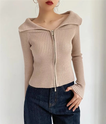 LUNDUNSHIJIA 2026 New Autumn Women Elegant Thickened Zipper Sweaters For Women Rose Red Fashion Short Female Cardigan 4 Colors