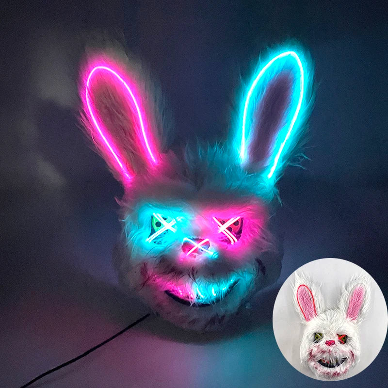 LED Bloody Rabbit Mask Glowing Killer Black Bear Mask Halloween Dance Party Cosplay Costume Props Assassinated Plush Rabbit Mask