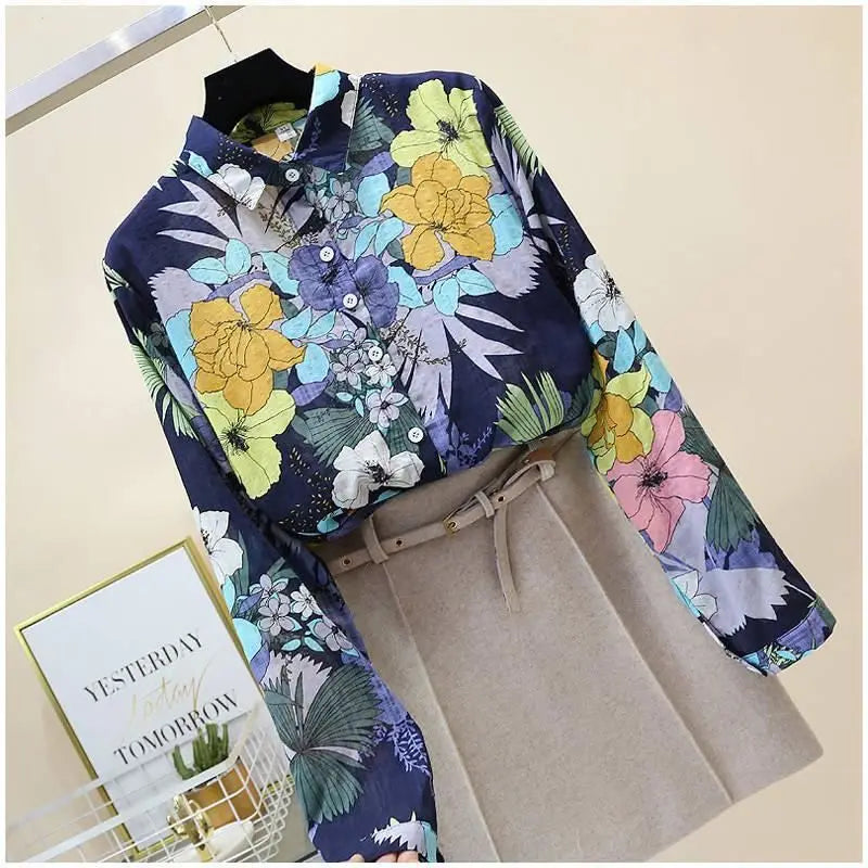 Blue Floral Print Vintage Polo-Neck Single Breasted Long Sleeve Women's Blouse Shirt Casual Female Clothing Tops Fashion 2024