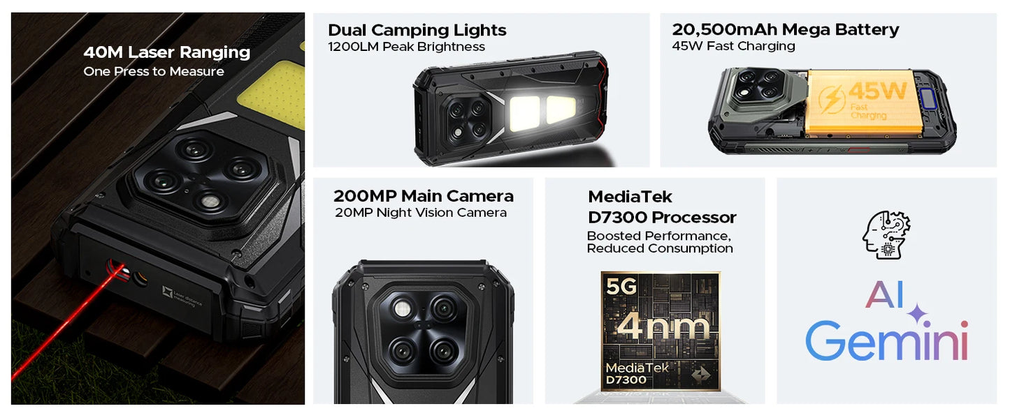 DOOGEE V Max LR 5G Rugged Phone Laser Rangefinder Dual Camping Lights 16GB 512GB ROM 6.78'' Display 20500mAh Battery Smartphone