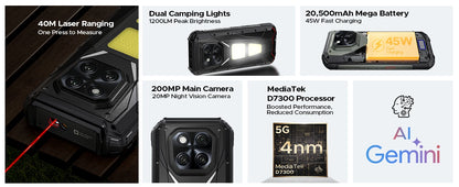 DOOGEE V Max LR 5G Rugged Phone Laser Rangefinder Dual Camping Lights 16GB 512GB ROM 6.78'' Display 20500mAh Battery Smartphone