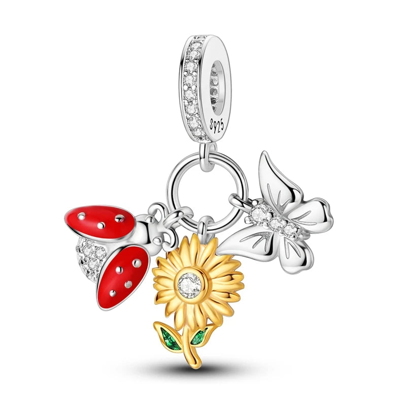Original 925 Sterling Silver Charm Beads Clover Sunflower Tulip Carnation Pendant For Women Jewelry Fashion Gift