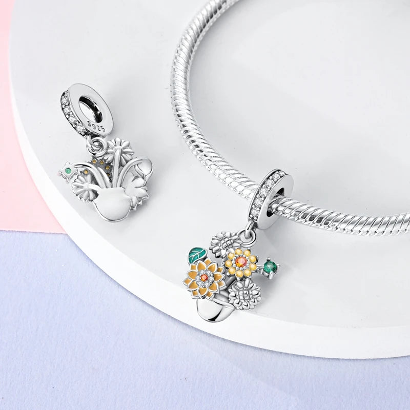 Original 925 Sterling Silver Charm Beads Clover Sunflower Tulip Carnation Pendant For Women Jewelry Fashion Gift