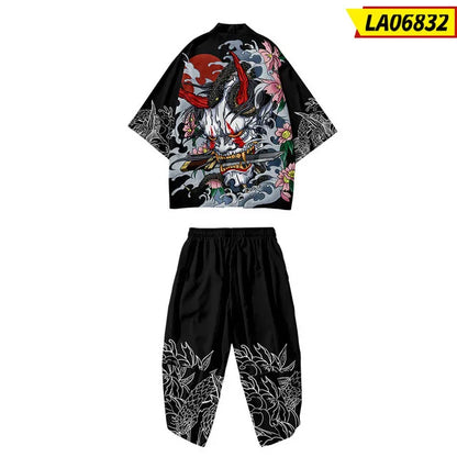 Large Size 5XL 6XL Japanese Kimono Cardigan Pants Set Print Fox Men Women Shirt Tradition Yukata Haori Obi Cosplay Costume