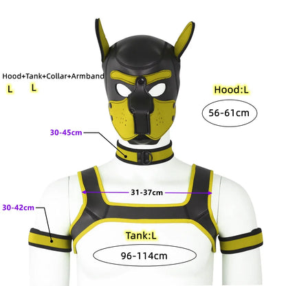 XL Large Size Puppy Cosplay Neoprene Fetish Hood Mask Kit with Chest Strap Collar Armband Sex Costumes for Bdsm Slave Role Play