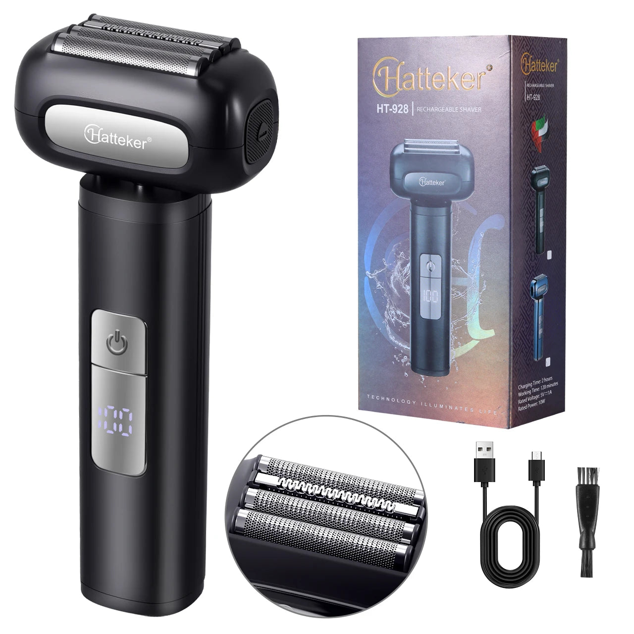 Hatteker 5-D Reciprocating Shaver for Men Home Use Beard Trimmer with LCD Digital Display Mesh Whitener USB Haircut Machine