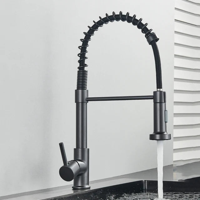Spring Brushed Kitchen Sink Faucet Pull Down Sprayer Nozzle Single Handle Faucets Mixer Hot Cold Stainless Steel Modern