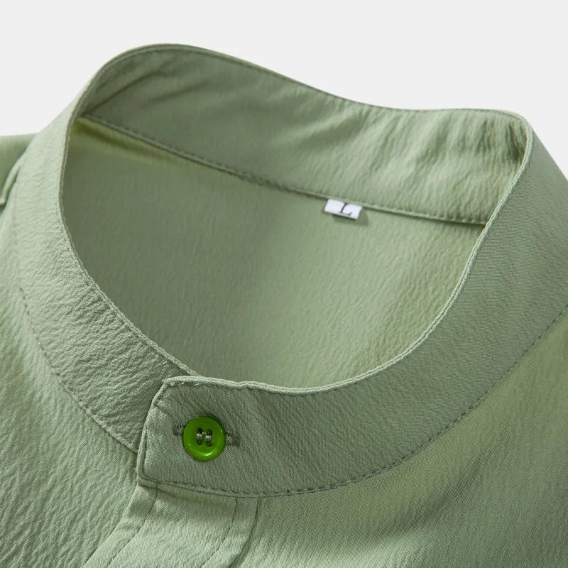 2026New men's short sleeved solid color standing collar cardigan casual shirt for foreign trade