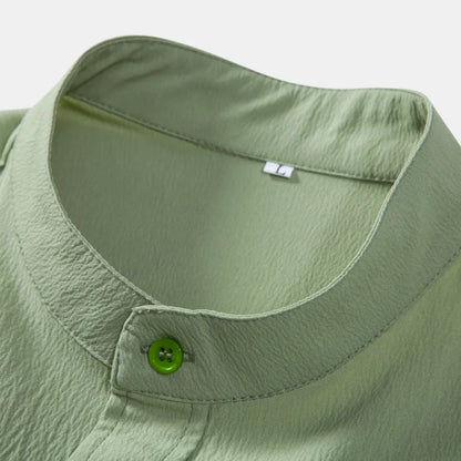2026New men's short sleeved solid color standing collar cardigan casual shirt for foreign trade