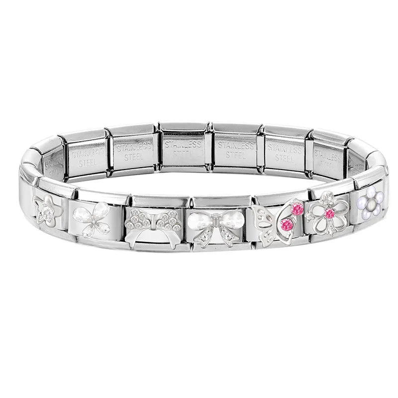 New Shiny Zircon Heart Butterfly Flower Star Bow Italian Charm Links Fit 9MM Stainless Steel Bracelet Girls' DIY Making Gift