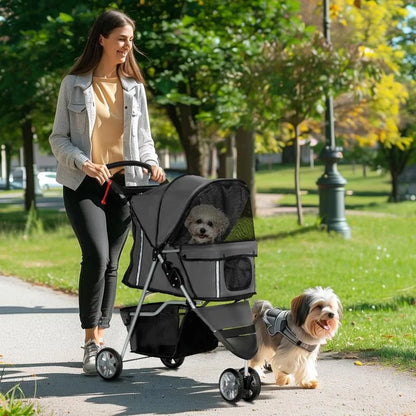 3 Wheel Pet Stroller for Small Dogs and Cats, Foldable Travel Pram with Breathable Mesh and Storage Bag, Sturdy Steel Frame for Walking, Charcoal Grey, 75x45x97 cm, Sturdy, Lightweight, Comfortable, Safe, Space Saving
