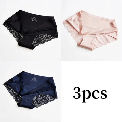 3pcs Lace Women's Panties French Seamless Underwear Female Ice Silk Briefs Solid Color Breathable Underpants Lingerie