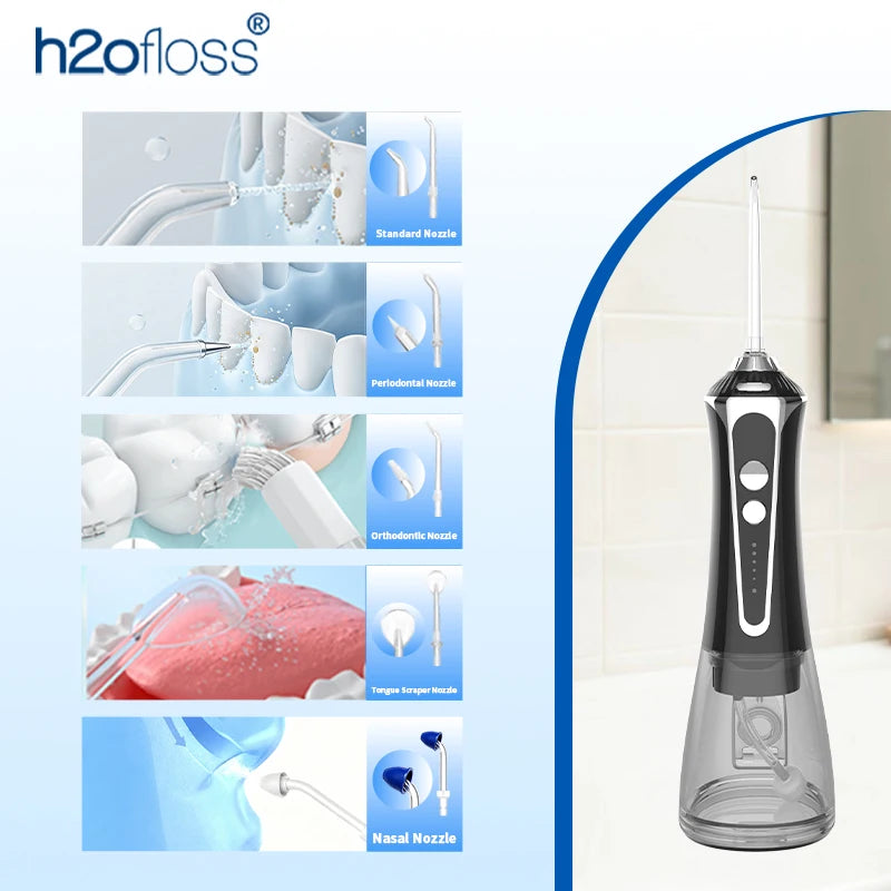 H2ofloss Oral Irrigator Water Flosser 140PSI High Pressure Water-Proof Design 300ml 5 Modes 5 Nozzles for Dental Cleaning