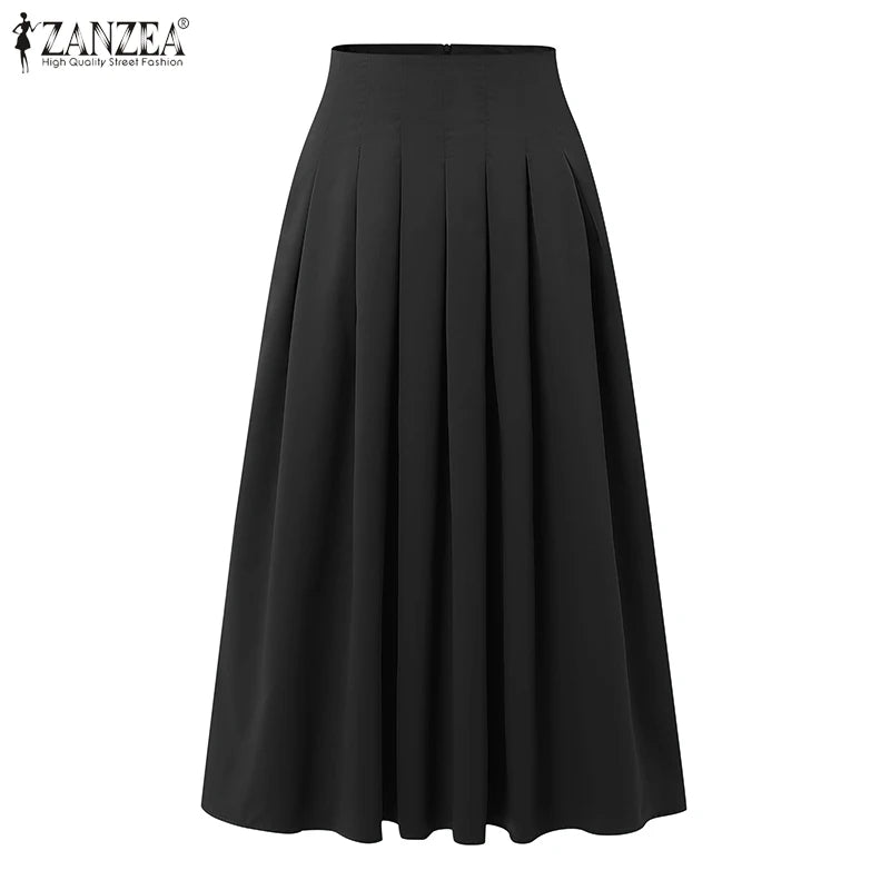 ZANZEA Fashion Holiday Faldas Mujer Casual Women Solid Color High Waist Jupe Femmes Elegant Commute Pleated Front Midi Skirts
