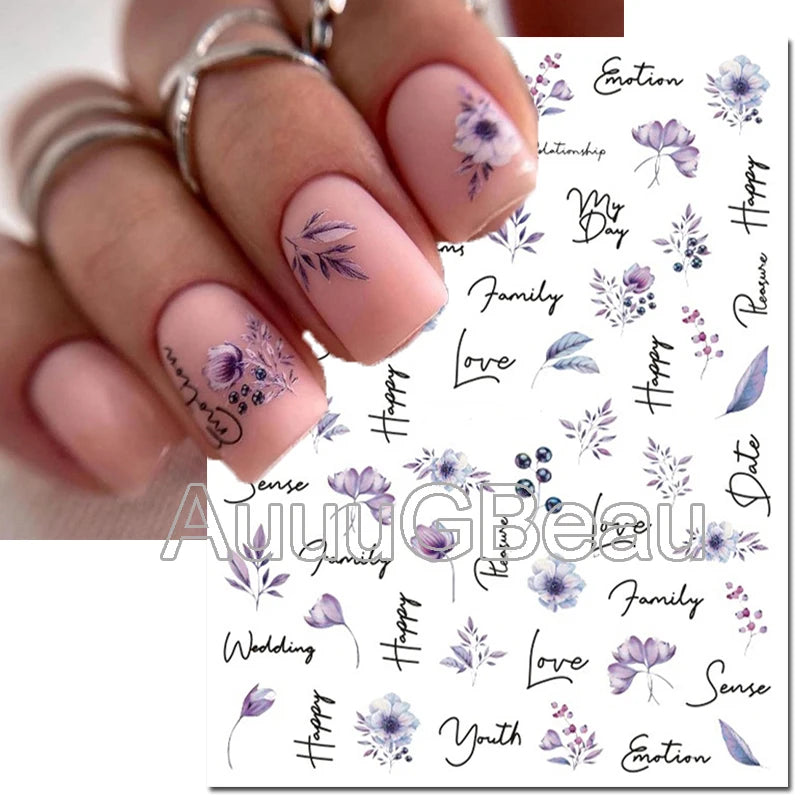 3d Nail Art Decals Watercolor Florals Purple Green Pink Flowers Leafs Fruit Adhesive Sliders Nail Stickers For Manicure