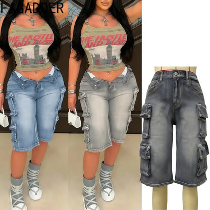 FAGADOER Fashion Straight Washed Denim Woman Solid Color Cargo Pants Patchwork Jeans Trousers Female Y2k Streetwear Bottoms New