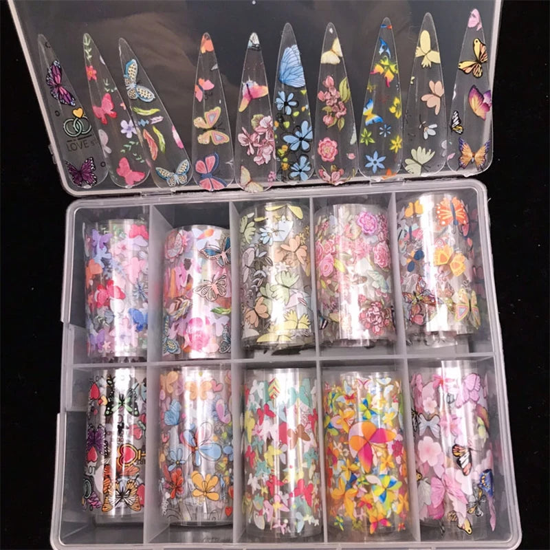 New Flower Nail Foils for Transfer Paper Stickers Floral Adhesive Fruit Nails Wraps Fish DIY Water Marble Nail Art Decorations