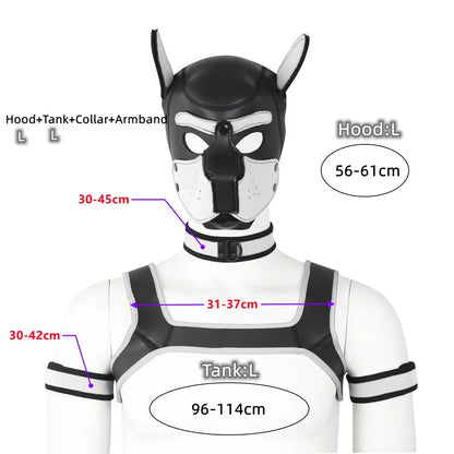 XL Large Size Puppy Cosplay Neoprene Fetish Hood Mask Kit with Chest Strap Collar Armband Sex Costumes for Bdsm Slave Role Play
