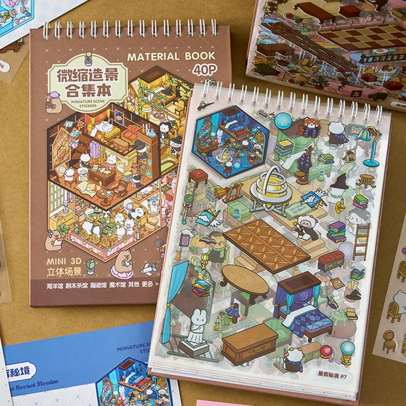 3D Diorama Sticker Book 20 Pages Mini Scene Cute Cartoon Animal Ghosts Theme DIY Scrapbook Toy Fun Stress Relief Kids Adult Gift