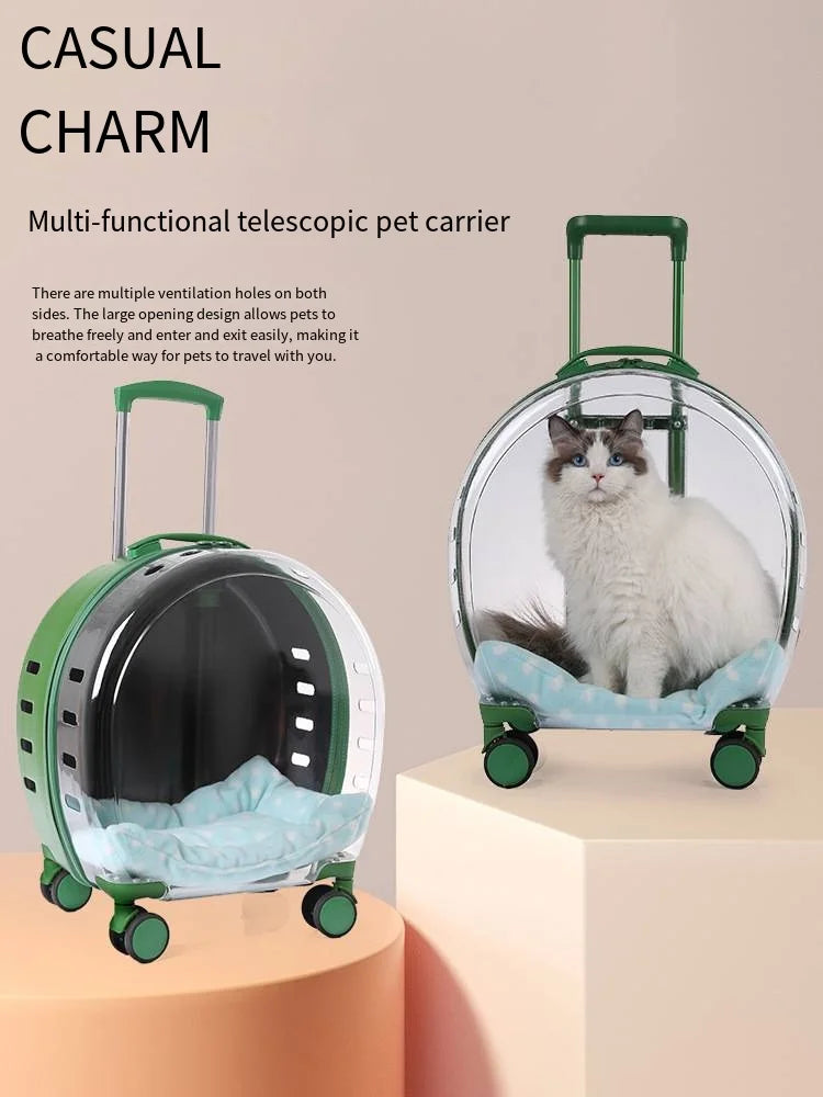 2026 Large Capacity Pet Suitcase for Two Cats Dogs Breathable Clear Wheel Portable Carry-on Luggage Pet Travel Bag