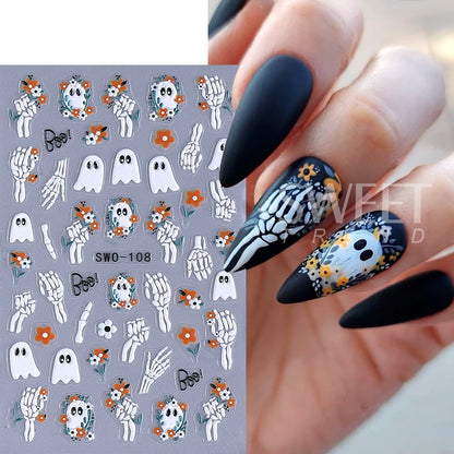 1/3pcs 3D Halloween Nail Stickers Pumpkin Ghost Spider Skull Design Bow  Flower Cute Cat Adhesive Slider Decals Manicure Decor
