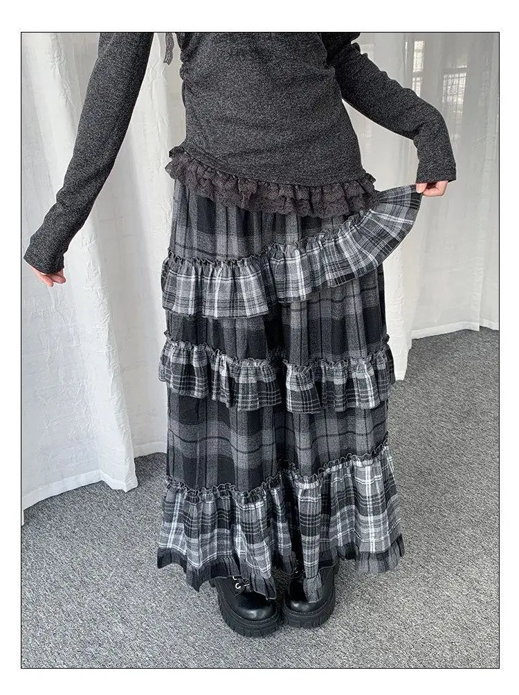 Y2k Vintage Long Skirts Plaid Ruffles Patchwork Harajuku Casual Loose Cake Skite Punk Gothic Streetwear All Match Women Clothing