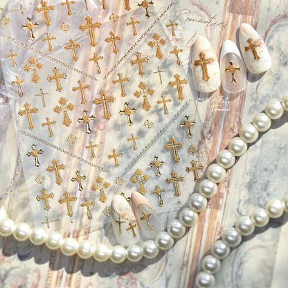 Gold Silver Metal Nail Stickers Dark Retro High-end Cross Nail Art Accessories Sticker Back Blue Nails 3D Decorations Decals DIY