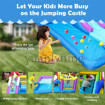 Inflatable Water Slide Bounce House Children Splash Pool Rainbow Castle Kids Outdoor Backyard Water Park with Air Blower