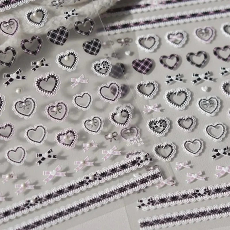 Japanese Bowknot Lace Heart Nail Stickers Self Adhesive Sweet Cool Pink Black Lace Nail Decals Cool Girls Manicure Decorations